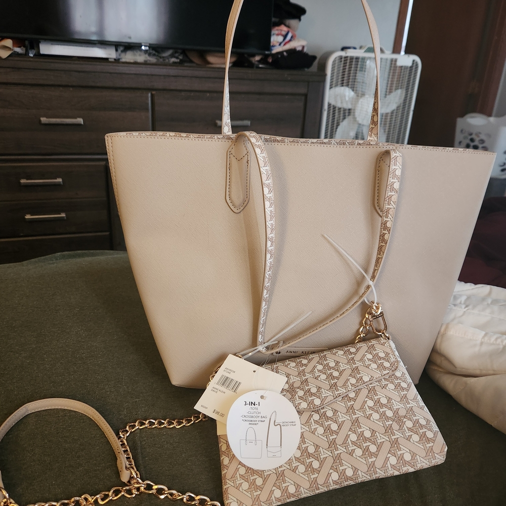 Anne Klein Cream Tote Bag with Patterned Pouch